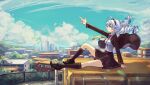  1girl antenna_hair benghuai_xueyuan blue_eyes blue_sky braid brown_jacket brown_legwear brown_skirt city cityscape clouds cloudy_sky full_body hairband highres honkai_(series) honkai_impact_3rd index_finger_raised jacket kiana_kaslana kneehighs looking_to_the_side necktie official_art pointing rooftop scenery school_uniform sitting skirt sky tree twin_braids white_hair 