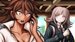  2girls backpack bag bangs black_jacket blunt_bangs brick_wall brown_eyes brown_hair collarbone collared_shirt dangan_ronpa_(series) dangan_ronpa_2:_goodbye_despair dark_skin day eyebrows_visible_through_hair flipped_hair game_cg hair_ornament hand_up hood hood_down indoors jacket long_hair long_sleeves looking_at_another multiple_girls nanami_chiaki neck_ribbon open_clothes open_jacket open_mouth owari_akane pink_eyes pink_ribbon ribbon shirt short_sleeves spaceship_hair_ornament upper_teeth white_shirt 