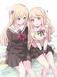  2girls :o ? aqua_eyes arms_behind_back bangs beige_jacket between_legs black_neckwear black_ribbon black_skirt blonde_hair bow bowtie breasts brown_dress buttons character_name closed_mouth collared_shirt commentary_request cropped_jacket dress envelope eyebrows_visible_through_hair feet_out_of_frame flower flying_sweatdrops grass hair_flower hair_ornament hand_between_legs happy_birthday holding holding_envelope jacket long_hair long_sleeves looking_at_another looking_away medium_breasts miniskirt morugen multiple_girls neck_ribbon on_ground parted_lips plaid plaid_skirt pleated_dress pleated_skirt red_bow red_flower red_neckwear ribbon rinmeikan_girls_school_uniform sailor_collar school_uniform serafuku shiny shiny_hair shirt shoujo_kageki_revue_starlight shoujo_kageki_revue_starlight_-re_live- siblings side-by-side sidelocks sisters sitting skirt smile wavy_hair white_background white_sailor_collar white_shirt yumeoji_fumi yumeoji_shiori 