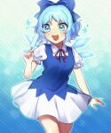  1girl absurdres aqua_background bangs blue_background blue_bow blue_dress blue_eyes blue_hair bow cirno collar dress eyebrows_visible_through_hair food gradient gradient_background hand_up highres hitosaji ice ice_cream ice_wings looking_at_viewer open_mouth puffy_short_sleeves puffy_sleeves red_bow red_neckwear short_hair short_sleeves smile solo standing star_(symbol) touhou white_collar white_sleeves wings 
