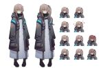  1girl absurdres alternate_hairstyle anger_vein arknights bangs black_footwear blush boots brown_hair closed_eyes closed_mouth coat crying crying_with_eyes_open doctor_(arknights) expression_chart girls_frontline hair_between_eyes half-closed_eyes highres hood hood_down koorihibari long_hair looking_at_viewer one_side_up open_mouth scar scar_across_eye simple_background sleeves_past_fingers sleeves_past_wrists smile standing tears tongue tongue_out ump45_(girls_frontline) white_background 