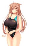  1girl black_swimsuit breasts brown_eyes competition_swimsuit dated gradient_hair heterochromia highleg highleg_swimsuit highres huge_breasts kantai_collection light_brown_hair long_hair looking_at_viewer montemasa multicolored_hair murasame_(kancolle) one-hour_drawing_challenge one-piece_swimsuit red_eyes remodel_(kantai_collection) simple_background solo standing swimsuit twitter_username two_side_up white_background 