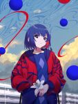  1girl absurdres blue_hair braid building clouds colored_inner_hair earrings eyebrows_visible_through_hair flower graffy_boring hand_in_pocket highres holding holding_flower hood hooded_jacket jacket jewelry kamitsubaki_studio lily_(flower) looking_at_viewer multicolored multicolored_eyes multicolored_hair open_clothes open_jacket outdoors parted_lips red_jacket redhead rim_(kamitsubaki_studio) short_hair side_braid sky solo sphere two-tone_hair virtual_youtuber yellow_pupils 