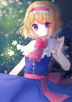  1girl alice_margatroid bangs blonde_hair blue_dress blush bow bowtie capelet commentary cowboy_shot doko_ka_no_hosono dress eyebrows_visible_through_hair flower frilled_capelet frilled_hairband frilled_neckwear frills hair_between_eyes hairband highres looking_at_viewer open_mouth petals pink_bow pink_hairband pink_neckwear pink_sash red_neckwear sash short_hair sleeveless sleeveless_dress solo string touhou violet_eyes white_capelet white_flower 