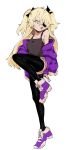  1girl :d alternate_costume black_legwear black_tank_top blonde_hair contemporary ddari eyepatch fischl_(genshin_impact) genshin_impact green_eyes hair_over_one_eye jacket korean_commentary off_shoulder one_eye_covered open_mouth purple_jacket smile solo standing standing_on_one_leg tank_top thigh-highs two_side_up white_background 