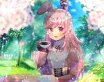  1girl :d animal_ears bangs black_gloves blurry blurry_background blurry_foreground blush character_request cup day depth_of_field eyebrows_visible_through_hair gloves holding holding_cup holding_saucer indie_virtual_youtuber juliet_sleeves kouu_hiyoyo long_hair long_sleeves looking_at_viewer open_mouth outdoors petals pink_hair puffy_sleeves rabbit_ears red_eyes ribbed_sweater saucer single_glove smile solo sweater tree upper_body upper_teeth very_long_hair virtual_youtuber white_sweater 