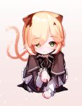  1girl :3 absurdres animal_ears arknights beudelb black_dress black_neckwear blonde_hair brown_hair cat_ears cat_tail cropped_torso dress eyebrows_visible_through_hair frilled_dress frills green_eyes highres korean_commentary looking_at_viewer mousse_(arknights) multicolored_hair multiple_tails necktie paw_pose simple_background solo tail upper_body white_background white_sleeves 
