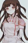  1girl apron arms_behind_back bandages bangs bbjj_927 black_hair blunt_bangs blush breasts brown_eyes closed_mouth collared_shirt commentary_request cowboy_shot dangan_ronpa_(series) dangan_ronpa_2:_goodbye_despair dress eyebrows_visible_through_hair grey_background highres long_hair looking_at_viewer medium_breasts nurse pink_shirt puffy_short_sleeves puffy_sleeves shirt short_sleeves simple_background solo tears tsumiki_mikan upper_body very_long_hair white_background 