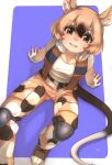  1girl african_giant_pouched_rat_(kemono_friends) animal_ears belt black_hair brown_pants brown_vest camouflage camouflage_pants commentary_request eyebrows_visible_through_hair fingerless_gloves from_above gloves hair_between_eyes highres kemono_friends kemono_friends_3 knee_pads light_brown_hair looking_at_viewer mouse_ears mouse_girl mouse_tail multicolored_hair open_clothes open_vest orange_eyes pants shirt short_hair short_sleeves simple_background sitting solo t-shirt tail thin_(suzuneya) two-tone_hair vest white_gloves white_shirt 