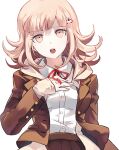  1girl :d bangs breasts brown_eyes brown_hair brown_jacket brown_skirt collared_shirt dangan_ronpa_(series) dangan_ronpa_3_(anime) dress_shirt flipped_hair grey_background hair_ornament hand_on_own_chest hand_up hope&#039;s_peak_academy_school_uniform houkai_gakuen_2 jacket large_breasts looking_at_viewer medium_hair nanami_chiaki official_art open_clothes open_jacket open_mouth pleated_skirt red_ribbon ribbon school_uniform shirt shirt_tucked_in skirt smile solo spaceship_hair_ornament transparent_background upper_teeth white_shirt 