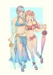  2girls bare_shoulders bikini blue_hair braid breasts brown_eyes choker collarbone eyewear_on_head fire_emblem fire_emblem:_three_houses hair_bun highres hilda_valentine_goneril holding holding_hands holding_umbrella long_hair looking_at_another marianne_von_edmund medium_breasts mgmg_g_zzz midriff multiple_girls navel open_mouth partially_submerged pink_eyes pink_hair sandals smile standing sunglasses swimsuit symbol_commentary teeth tongue twintails umbrella water yuri 