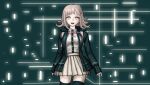  1girl :d backpack bag bangs black_legwear black_shirt breasts brown_skirt collared_shirt cowboy_shot dangan_ronpa_(series) dangan_ronpa_2:_goodbye_despair dress_shirt flipped_hair game_cg green_background hair_ornament hairclip happy highres large_breasts light_brown_hair long_sleeves looking_at_viewer medium_hair nanami_chiaki neck_ribbon official_art open_clothes open_mouth pink_eyes pink_ribbon pleated_skirt ribbon shirt shirt_tucked_in skirt smile solo thigh-highs third-party_source upper_teeth white_background white_shirt zettai_ryouiki 