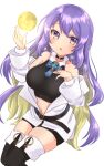  1girl belt boots breasts crop_top full_moon highres hololive hololive_indonesia jacket large_breasts long_hair midriff moon moona_hoshinova navel off-shoulder_jacket off_shoulder purple_hair rissaaaan shorts thigh-highs thigh_boots violet_eyes white_background 