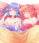  2girls bangs bed_sheet blonde_hair blue_hair breasts closed_eyes eyebrows_visible_through_hair flandre_scarlet hands_together highres lying medium_breasts multiple_girls on_back open_clothes open_mouth pajamas pillow remilia_scarlet short_hair sleeping smile touhou upper_body yuineko 