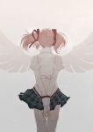  1girl absurdres arms_behind_back back_bow beige_background beige_bow black_skirt bow facing_away feet_out_of_frame floating_hair from_behind hair_ribbon high_collar highres juliet_sleeves kaname_madoka legs_together long_sleeves mahou_shoujo_madoka_magica misteor mitakihara_school_uniform pink_hair plaid plaid_skirt pleated_skirt puffy_sleeves red_ribbon ribbon school_uniform simple_background skirt solo thigh-highs transparent_wings twintails white_legwear wings zettai_ryouiki 
