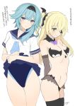  2girls bangs black_hairband black_legwear blonde_hair blue_hair blue_sailor_collar blue_skirt blue_swimsuit blush breasts detached_collar eula_(genshin_impact) eyepatch fischl_(genshin_impact) genshin_impact green_eyes hair_ornament hair_over_one_eye hairband highleg highleg_swimsuit large_breasts long_hair looking_at_viewer medium_breasts medium_hair multiple_girls neckerchief one-piece_swimsuit sailor_collar school_uniform serafuku sidelocks skirt swimsuit thigh-highs thighs tony_taka translation_request two_side_up violet_eyes 