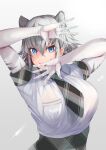  1girl absurdres animal_ears arms_up bangs biting biting_hand blue_eyes breasts elbow_gloves extra_ears eyebrows_visible_through_hair eyes_visible_through_hair furrowed_brow gloves grey_hair hair_between_eyes highres kemono_friends large_breasts looking_at_viewer medium_hair multicolored_hair necktie outstretched_hand plaid plaid_neckwear plaid_sleeves plaid_trim pose saitobaburu shirt short_sleeves sidelocks solo spread_fingers tiger_ears two-tone_hair upper_body white_tiger_(kemono_friends) 