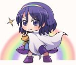  1girl :d bangs blurry cape closed_mouth cowboy_shot crossed_arms dress eyebrows_visible_through_hair full_body looking_at_viewer looking_back multicolored multicolored_clothes multicolored_dress multicolored_hairband open_mouth purple_footwear purple_hair rainbow rokugou_daisuke short_hair signature smile standing star_(symbol) tenkyuu_chimata touhou v-shaped_eyebrows violet_eyes white_background white_cape 