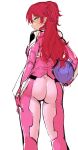  1girl :o absurdres agetama ass bodysuit breasts from_behind gloves gundam gundam_00 hand_on_own_thigh headwear_removed helmet highres holding holding_helmet long_hair looking_at_viewer looking_back medium_breasts nena_trinity open_mouth pilot_suit pink_bodysuit pink_gloves sketch solo two_side_up white_background 