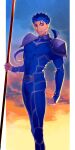  1boy armor beads blue_bodysuit blue_hair bodysuit clouds cu_chulainn_(fate)_(all) cu_chulainn_(fate/stay_night) earrings fate/stay_night fate_(series) floating_hair gae_bolg_(fate) grin hair_beads hair_ornament highres jewelry long_hair male_focus muscular muscular_male pauldrons ponytail red_eyes shoulder_armor skin_tight sky smile solo spiky_hair sunset uni_(nico02) 