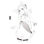  1girl animal_ears blush breasts character_request commentary_request dress ejami flower greyscale hair_flower hair_ornament long_hair looking_at_viewer monochrome see-through signature simple_background solo tail white_background 
