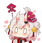  0_0 1girl :3 bangs bell black_kimono blush chibi closed_mouth double_bun eyebrows_visible_through_hair grey_hair hair_bell hair_ornament heart holding hololive horns japanese_clothes jingle_bell kimono long_sleeves mask mask_on_head multicolored_hair muuran nakiri_ayame oni oni_horns oni_mask redhead shiranui_(nakiri_ayame) simple_background sleeves_past_fingers sleeves_past_wrists streaked_hair translation_request twitter_username two_side_up virtual_youtuber white_background wide_sleeves 