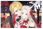  1boy 1girl black_suit blonde_hair blue_eyes brother_and_sister couple cute dimitri_alexandre_blaiddyd dress ear_piercing edelgard_von_hresvelg elegant fire_emblem fire_emblem:_three_houses fire_emblem:_three_houses flower flower_hair_ornament flower_on_head formal gloves hair_ribbon holding holding_hands incest intelligent_systems long_hair love lowres mihoalice necktie nintendo petals postcard red_dress red_gloves ribbon rose short_hair siblings suit violet_eyes white_gloves white_hair 