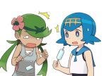  2girls ^^^ bangs bare_arms blue_eyes blue_hair blue_sailor_collar bright_pupils commentary dropping flower food green_hair grey_overalls hair_flower hair_ornament hairband hands_up holding holding_stick lana_(pokemon) long_hair looking_down mallow_(pokemon) multiple_girls no_sclera o_o open_mouth pink_flower pokemon pokemon_(game) pokemon_sm popsicle sailor_collar shirt simple_background sleeveless sleeveless_shirt squid_neetommy stick sweatdrop swept_bangs tearing_up twintails upper_body white_background white_pupils white_shirt yellow_hairband 