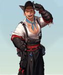  1boy arm_up black_gloves black_pants brown_hair closed_eyes cowboy_shot gloves hat highres key long_sleeves muscular muscular_male open_mouth original pants pectorals rinotuna shadow shirt short_hair smile solo white_shirt 