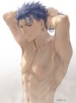  1boy abs armpit_hair armpits arms_up blue_hair closed_mouth collarbone colored_armpit_hair cu_chulainn_(fate)_(all) cu_chulainn_(fate/stay_night) earrings fate/stay_night fate_(series) highres jewelry long_hair male_focus mondi_hl muscular muscular_male navel nipples red_eyes simple_background smile solo spiky_hair topless wet 