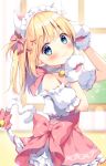  1girl :3 animal_ears apron arm_up bangs bare_shoulders bell blonde_hair blurry blurry_background blush bow cat_ears cat_girl cat_tail closed_mouth commentary_request depth_of_field eyebrows_visible_through_hair gloves hair_bow hand_up heart heart_tail indoors jingle_bell looking_at_viewer off-shoulder_shirt off_shoulder one_side_up original pan_(mimi) paw_gloves paws pink_apron pink_bow puffy_short_sleeves puffy_sleeves shirt short_sleeves skirt smile solo tail tail_bell tail_bow tail_ornament tail_raised white_gloves white_shirt white_skirt 