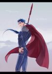  1boy armor blue_bodysuit blue_hair bodysuit cape character_name cigarette cowboy_shot cu_chulainn_(fate)_(all) cu_chulainn_(fate/stay_night) dated fate/stay_night fate_(series) gae_bolg_(fate) grey_background grin hair_strand hand_on_hip happy_birthday highres long_hair male_focus ponytail red_cape red_eyes shoulder_armor smile solo standing x-r5xxxlove 