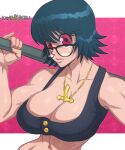  1girl abs artist_name black_bra black_hair bra breasts closed_mouth cross expressionless glasses holding holding_weapon hunter_x_hunter kameseru large_breasts looking_at_viewer muscular muscular_female red_eyes shizuku_(hunter_x_hunter) short_hair solo underwear weapon 