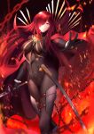  1girl armored_boots black_bodysuit bodysuit boots cape collared_cape fate/grand_order fate_(series) hair_over_one_eye highres lanceralter1 oda_nobunaga_(fate) oda_nobunaga_(fate)_(all) oda_nobunaga_(maou_avenger)_(fate) oda_uri popped_collar red_cape red_eyes redhead smile solo 
