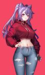 1girl absurdres bangs braid breasts casual crop_top crop_top_overhang dalman denim double_bun genshin_impact hair_cones hair_ears hand_on_hip hands highres hood hoodie jeans keqing_(genshin_impact) large_breasts long_hair looking_at_viewer midriff navel pants phone purple_hair simple_background solo standing stomach torn_clothes torn_jeans torn_pants twintails violet_eyes 
