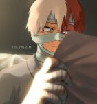  1boy artist_name bandage_on_face bandage_over_one_eye bandaged_arm bandaged_hands bandaged_head bandages bangs blurry blurry_background boku_no_hero_academia bruise burn_scar commentary english_commentary forehead_protector grey_eyes hand_up heterochromia highres holding holding_paper hospital_gown injury light male_focus multicolored_hair paper reading red_eyes redhead sad scar short_hair solo todoroki_shouto trubwlsum two-tone_hair upper_body white_hair yellow_eyes 