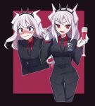  1boy 1girl bangs black_border black_jacket black_neckwear black_pants blazer blush border closed_mouth commentary cropped_legs cropped_torso cup demon_girl demon_horns dress_shirt drinking_glass emblem formal frown gloves hand_in_hair headgear helltaker highres holding holding_cup horns jacket long_hair looking_at_viewer lucifer_(helltaker) mole mole_under_eye multiple_views nanashiba_(banntlla) necktie open_mouth outside_border pant_suit pants red_eyes red_shirt shirt smile standing suit tearing_up v-shaped_eyebrows white_gloves white_hair white_horns wine_glass wing_collar 