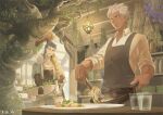  2boys apron archer_(fate) basket belt blue_hair bracelet capelet collarbone collared_shirt cooking cu_chulainn_(caster)_(fate) cu_chulainn_(fate)_(all) cup dark-skinned_male dark_skin earrings fate/grand_order fate/stay_night fate_(series) fire flower food frying_pan fur-trimmed_hood fur_trim grey_eyes herb holding holding_basket hood hood_down hooded_capelet indoors jewelry lamp long_hair looking_at_another male_focus multiple_boys noodles open_mouth plate red_eyes ro_(pixiv34009774) shirt short_hair silver_hair skin_tight sleeves_rolled_up smile spiky_hair staff tongs tree vambraces wooden_staff 