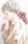  1boy blush closed_eyes collared_shirt dated flower grey_hair hand_up highres jewelry long_sleeves original outline profile red_flower ring shadow shirt short_hair signature solo sweater toaruocha upper_body white_outline white_shirt yellow_sweater 