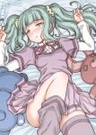  1girl arms_at_sides artist_name bangs bed bed_sheet blunt_bangs blush breasts center_frills dot_nose eyebrows_visible_through_hair eyelashes feet_out_of_frame frills from_below furrowed_brow futaba_sana green_eyes green_hair grey_legwear half-closed_eyes hand_rest head_tilt high_collar knee_up layered_sleeves legwear_removed long_eyelashes long_sleeves looking_at_viewer loose_thighhigh lying magia_record:_mahou_shoujo_madoka_magica_gaiden mahou_shoujo_madoka_magica messy_hair mizuna_girls&#039;_academy_uniform neck_ribbon on_back on_bed parted_lips pillow pleated_skirt purple_ribbon purple_skirt ribbon school_uniform scrunchie short_over_long_sleeves short_sleeves shy sidelocks skirt small_breasts solo studiozombie stuffed_animal stuffed_bunny stuffed_toy teddy_bear thigh-highs thighs twintails under_boob wavy_hair yellow_scrunchie zettai_ryouiki 