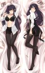  1girl absurdres arm_up bangs bed_sheet black_bra black_legwear blunt_bangs blush bra breasts bullet closed_mouth collared_shirt dakimakura_(medium) full_body girls_frontline hair_ornament highres huge_filesize large_breasts long_hair long_sleeves looking_at_viewer multiple_views navel open_clothes pantyhose purple_hair shirt side_ponytail stigmamyu underwear violet_eyes wa2000_(girls_frontline) white_shirt 