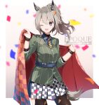  1girl a.a_(aa772) animal_ears arknights black_legwear blue_shirt blue_skirt checkered checkered_blanket checkered_skirt cowboy_shot food-themed_hair_ornament grani_(arknights) grani_(miraculous_moment)_(arknights) green_shirt grey_hair hair_ornament holding_blanket horse_ears horse_girl horse_tail looking_at_viewer necktie official_alternate_costume one_eye_closed open_mouth pantyhose pizza_hair_ornament ponytail sash shirt skirt solo striped striped_neckwear tail undershirt violet_eyes white_skirt wristband yellow_neckwear 