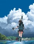  1girl absurdres blue_sky brown_hair cannon clouds cloudy_sky day from_behind fubuki_(kancolle) highres kantai_collection kneehighs machinery ocean outdoors pleated_skirt remodel_(kantai_collection) rigging rudder_footwear scenery school_uniform serafuku skirt sky smokestack solo standing standing_on_liquid torpedo torpedo_launcher torpedo_tubes turret utachy walking walking_on_liquid water 