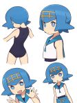  1girl :d :o arms_at_sides bangs bare_arms black_swimsuit blue_eyes blue_hair blue_pants blue_sailor_collar bright_pupils closed_mouth commentary_request freckles hairband hands_up highres lana_(pokemon) looking_at_viewer multiple_views no_sclera one-piece_swimsuit open_mouth pants pokemon pokemon_(game) pokemon_sm sailor_collar shirt short_hair simple_background sleeveless sleeveless_shirt smile squid_neetommy swimsuit swimsuit_under_clothes trial_captain wedgie white_background white_pupils white_shirt yellow_hairband 