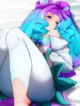 1girl bare_shoulders blue_eyes blue_hair cure_la_mer double_bun expressionless feet_out_of_frame grey_background hair_bun hair_intakes hair_ornament highres laura_la_mer leggings long_hair looking_at_viewer lying magical_girl multicolored_eyes on_back parted_lips precure purple_hair rikito1087 skirt solo thick_eyelashes toeless_legwear tropical-rouge!_precure violet_eyes white_leggings white_sleeves