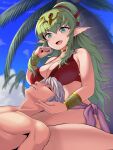  1boy 1girl :d absurdres bikini blade_ride blue_sky breasts clouds commentary_request day eyebrows_visible_through_hair fire_emblem fire_emblem_awakening green_eyes green_hair grey_hair hair_ornament hair_ribbon hetero highres lap_pillow large_breasts long_hair manakete open_mouth outdoors palm_tree pink_sarong pointy_ears ponytail red_bikini red_ribbon ribbon robin_(fire_emblem) robin_(fire_emblem)_(male) sky smile swimsuit tiki_(fire_emblem) tree very_long_hair 