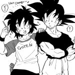  +++ 2boys adjusting_clothes black_eyes black_hair black_pants black_shirt black_theme black_wristband character_name clothes_writing collarbone dragon_ball dragon_ball_z eighth_note english_text father_and_son fingernails food hand_on_another&#039;s_shoulder hand_up head_tilt highres holding holding_food holding_pocky looking_at_another looking_to_the_side male_focus monochrome multiple_boys muscular musical_note open_mouth pants parted_lips pectorals pocky polka_dot raglan_sleeves shirt short_sleeves side-by-side simple_background smile son_goku son_goten sparkle speech_bubble spiky_hair standing surprised sweatdrop talking tkgsize translation_request unmoving_pattern upper_body white_background wristband 