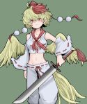  1girl bangs bird_wings blonde_hair closed_mouth cosplay detached_sleeves eyebrows_visible_through_hair fe_(tetsu) green_background hat highres holding holding_sword holding_weapon inubashiri_momiji inubashiri_momiji_(cosplay) looking_at_viewer multicolored_hair navel niwatari_kutaka pants pom_pom_(clothes) red_eyes red_headwear redhead ribbon-trimmed_sleeves ribbon_trim shirt simple_background solo standing sword tail_feathers tokin_hat touhou two-tone_hair weapon white_pants white_shirt wide_sleeves wings yellow_wings 