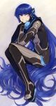  1other absurdly_long_hair androgynous bangs blue_hair bodysuit commentary elbow_rest full_body hand_on_own_chin hand_on_own_face hands_up head_rest headgear highres ittla knees_up leaning_forward light_blush long_hair long_sleeves looking_at_viewer protagonist_(smtv) shin_megami_tensei shin_megami_tensei_v sitting smile solo very_long_hair yellow_eyes 