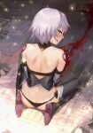  1girl absurdres ass bandaged_arm bandages bare_back bare_shoulders black_legwear black_panties blood eredhen fate/apocrypha fate/grand_order fate_(series) from_behind green_eyes grey_hair highres jack_the_ripper_(fate/apocrypha) looking_at_viewer looking_back lowleg lowleg_panties panties scar scar_across_eye scar_on_cheek scar_on_face short_hair shoulder_tattoo silver_hair sitting tattoo thigh-highs underwear 